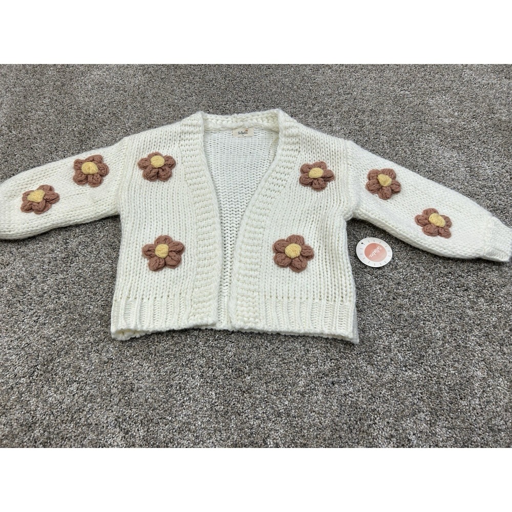 New Tullabee Knit Cream Cardigan Sweater Open Front Flowers Size 5T #0176